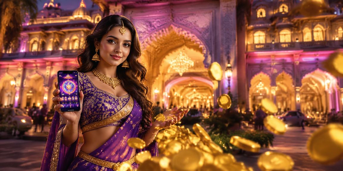 Indian Woman using 8030 casino app on phone during Bollywood festival