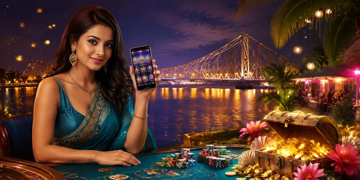 Indian lady playing mobile casino game in traditional saree in Kolkata